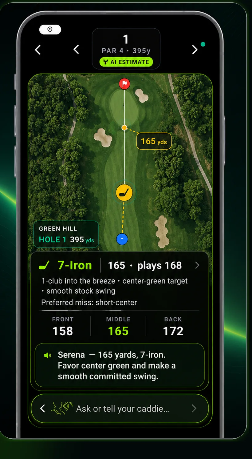 SmartPlay Caddie
    showing hole 1 with front, middle and back yardages and a 7-iron club call