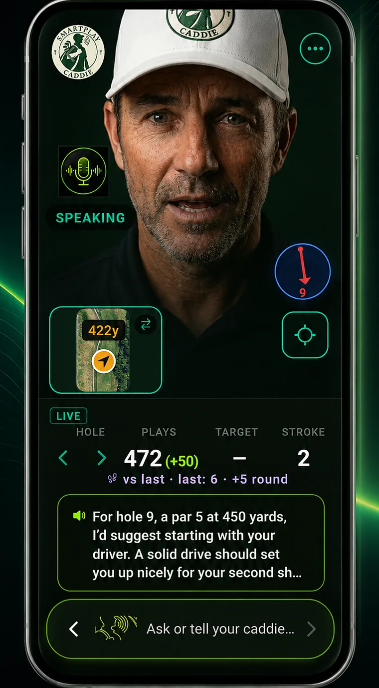 Kevin talking through a 450-yard par 5 with live voice coaching